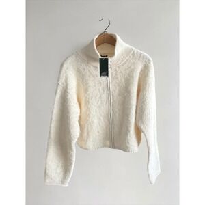 Wild Fable Ivory Fuzzy Zip Up Mock Neck Cropped‎ Sweater XS Oversized Cream